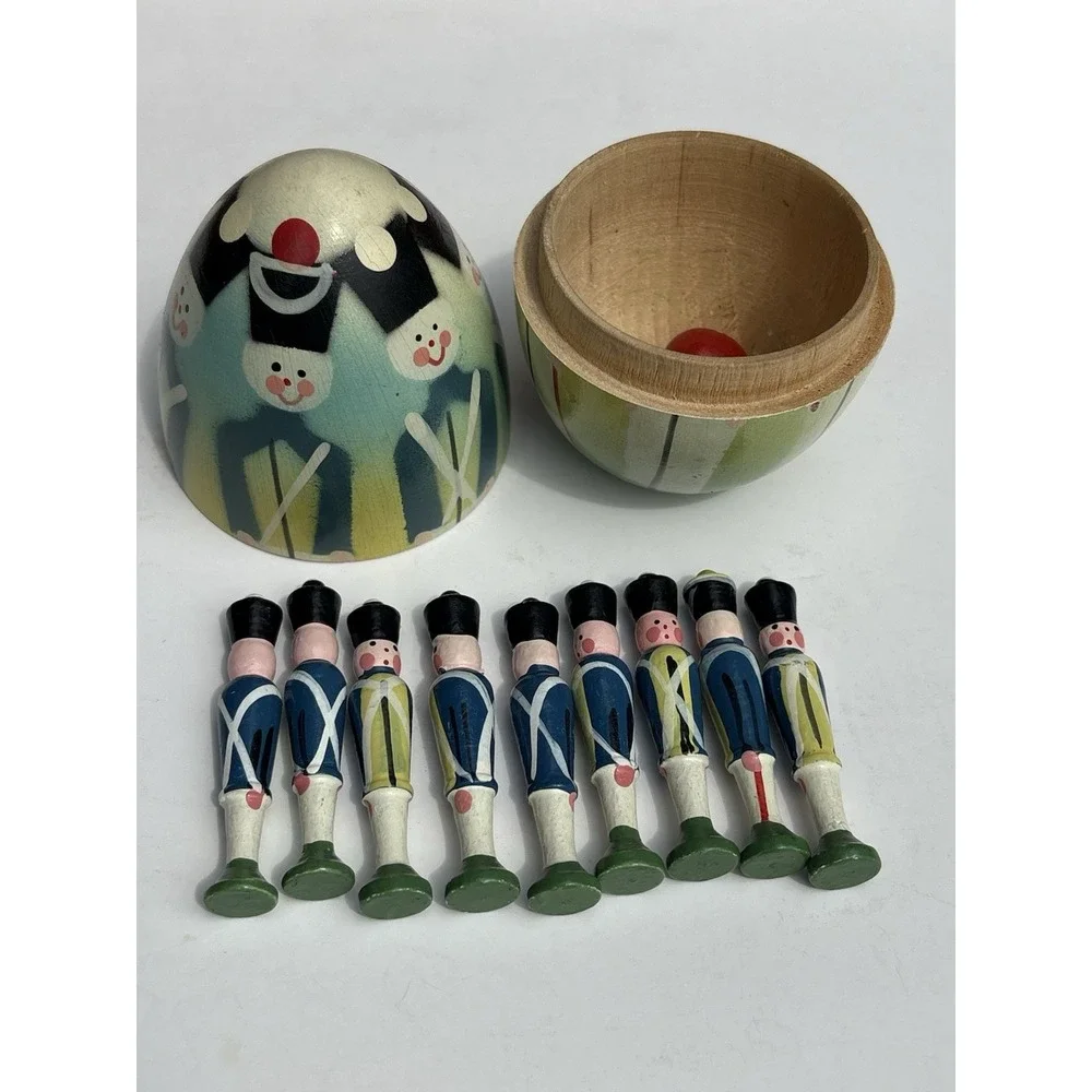Vintage Wood Nesting Egg 9 Wood Soldiers Poland Toys Decor Hand Painted